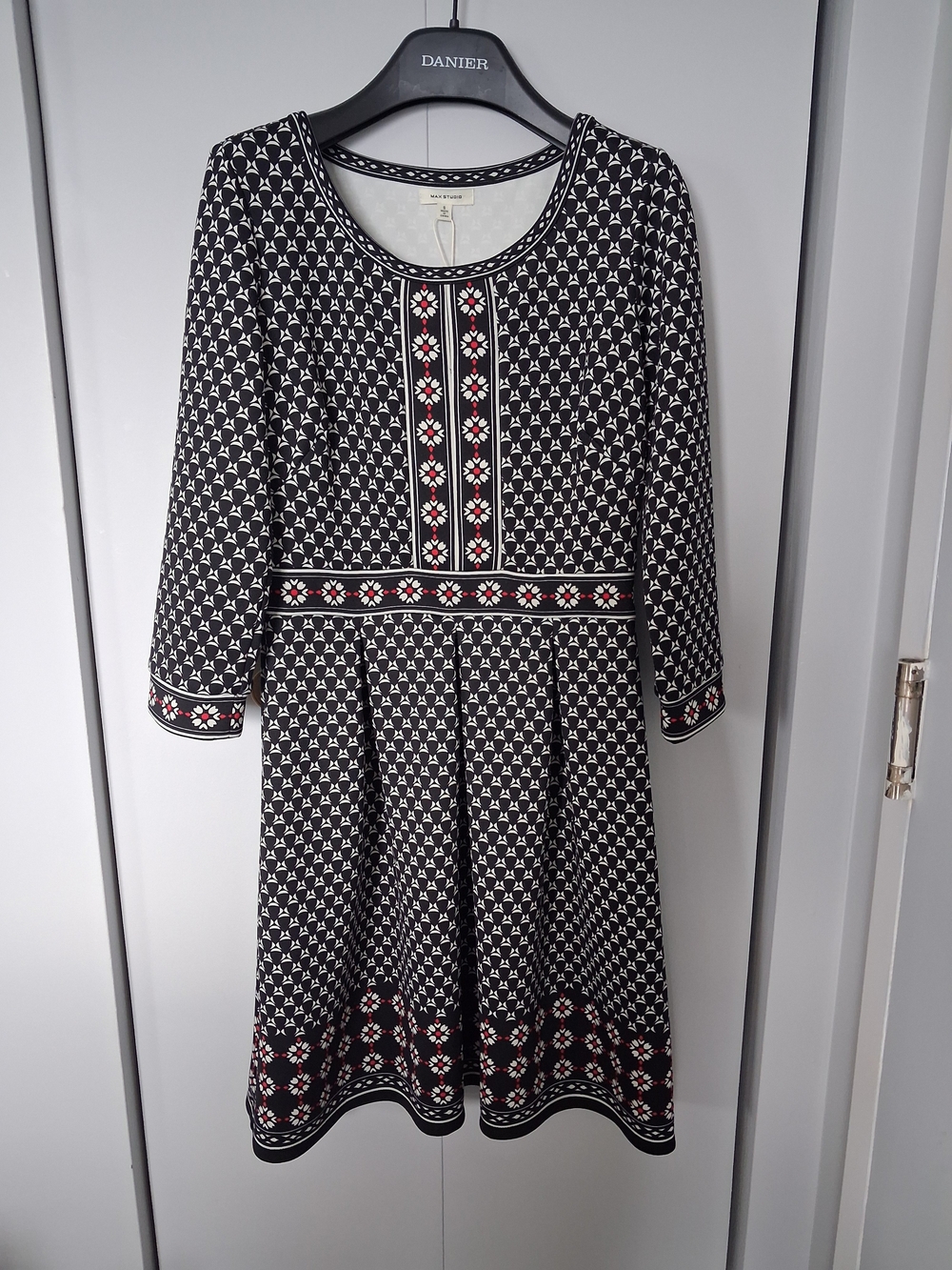 Max Studio Black Patterned Long Sleeve Fit-and-Flare Dress with Red Accents